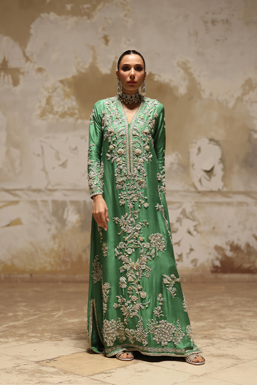 Pakistani Emerald Green Zardozi Raw Silk Kaftan (1-Pc) - Image 3