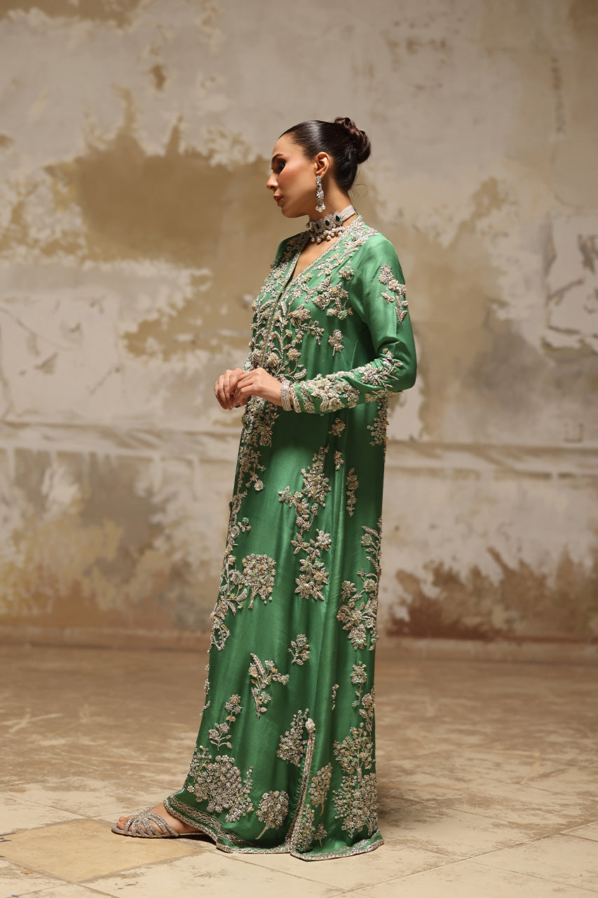 Pakistani Emerald Green Zardozi Raw Silk Kaftan (1-Pc) - Image 4