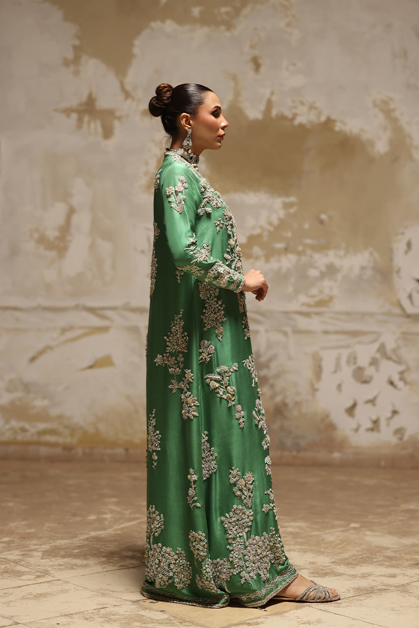Pakistani Emerald Green Zardozi Raw Silk Kaftan (1-Pc) - Image 5