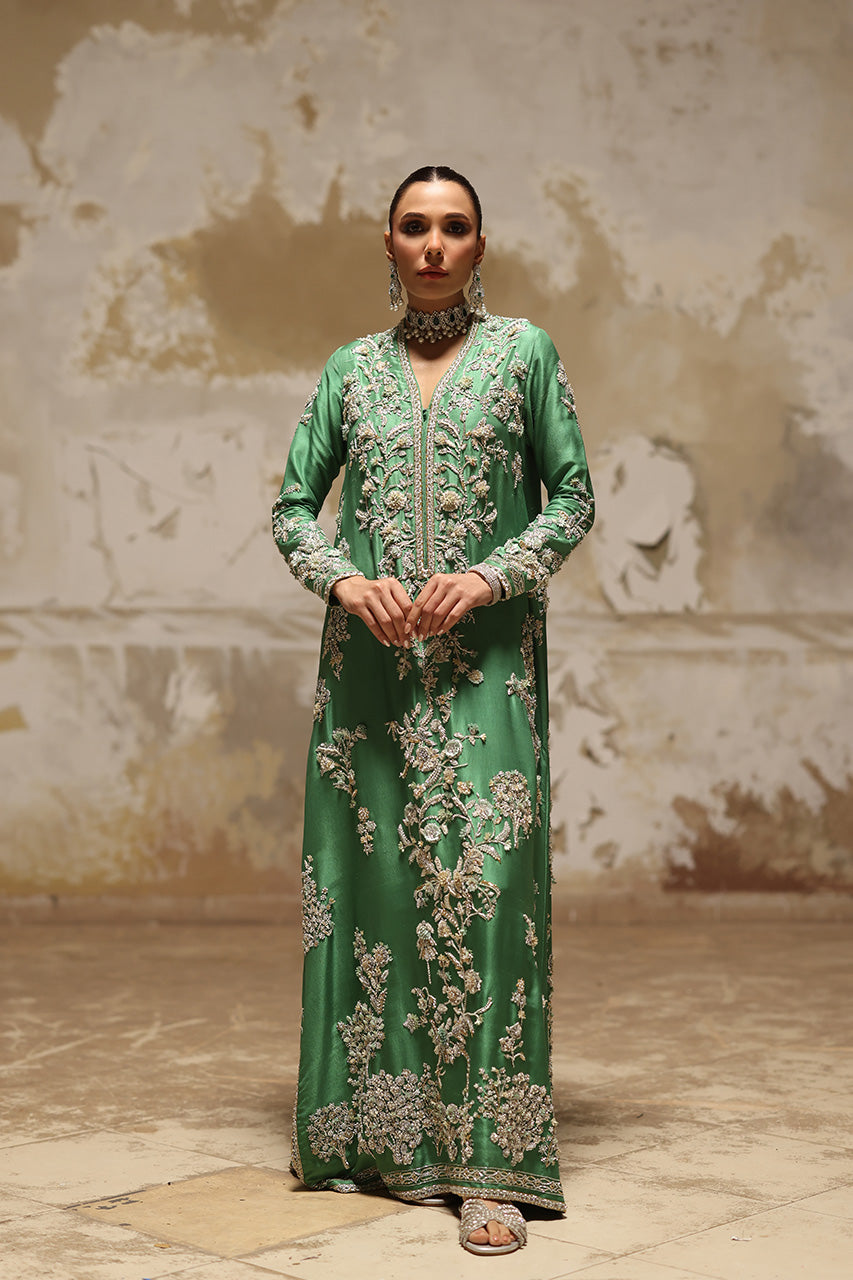Pakistani Emerald Green Zardozi Raw Silk Kaftan (1-Pc) - Image 6