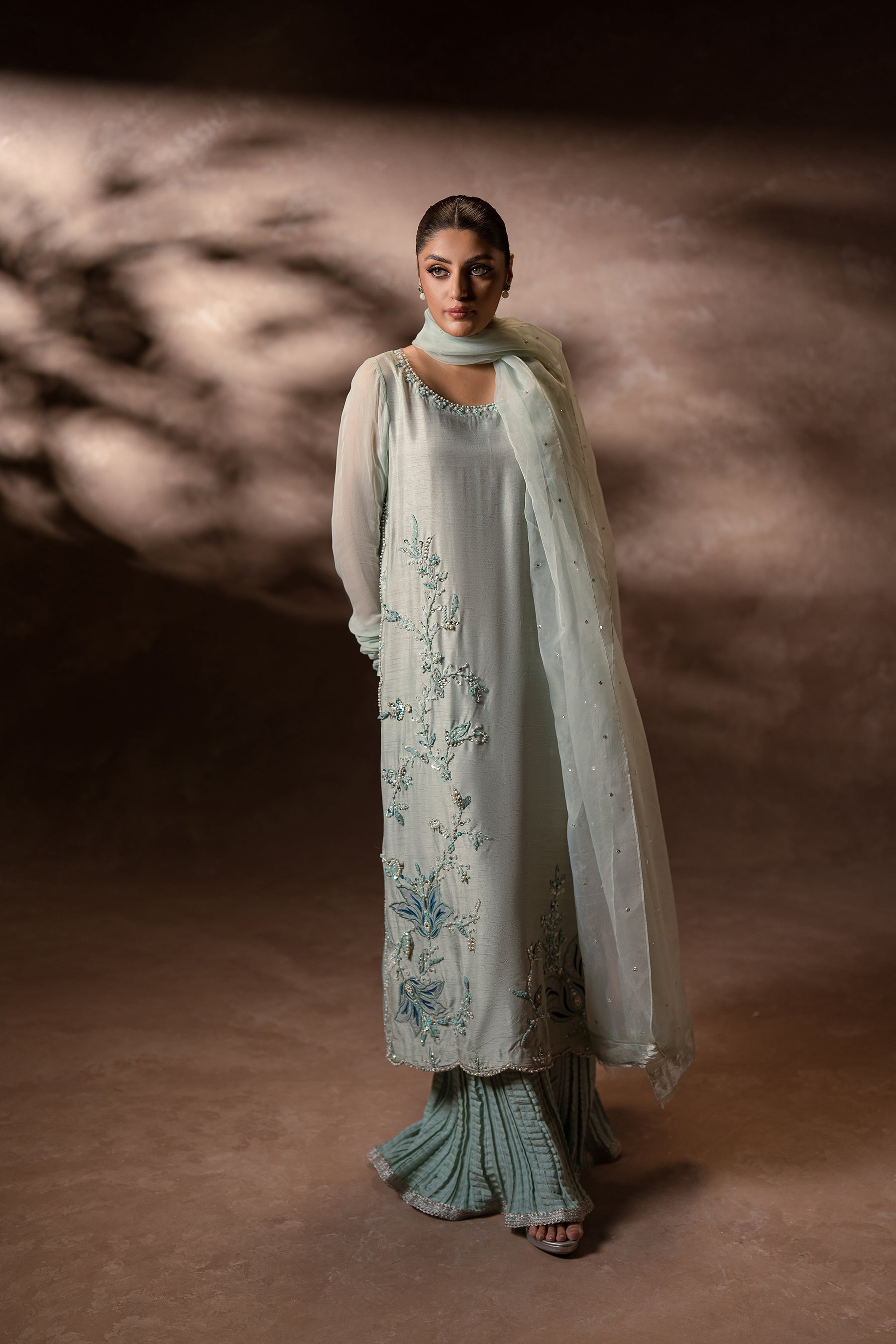 Mint Embellished Blended Silk Kaftan (3-Piece) - Image 1