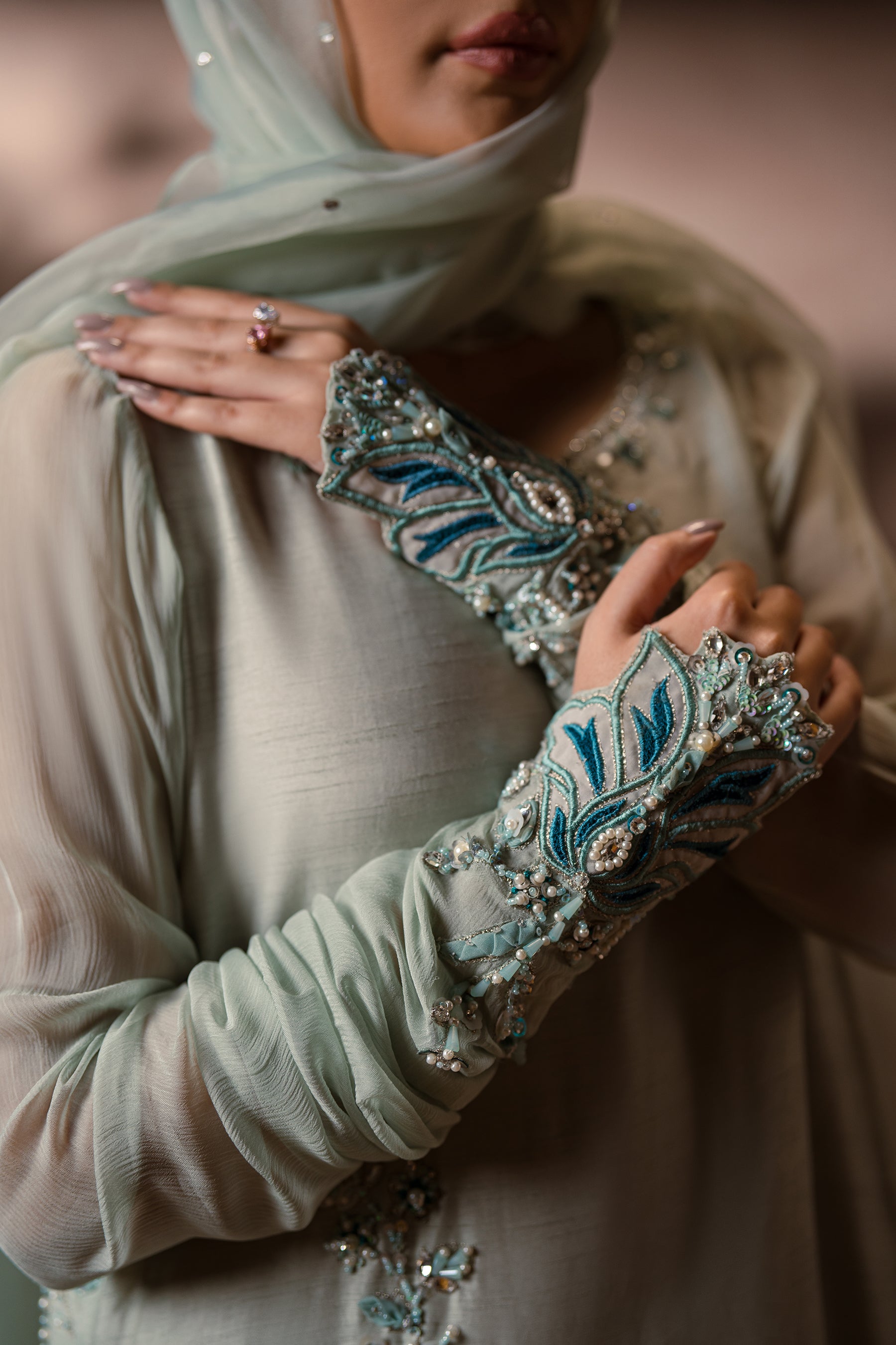 Mint Embellished Blended Silk Kaftan (3-Piece) - Image 3