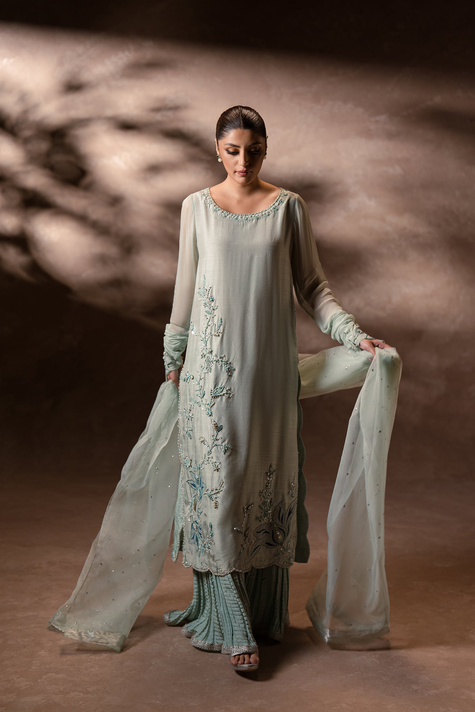 Mint Embellished Blended Silk Kaftan (3-Piece) - Image 4