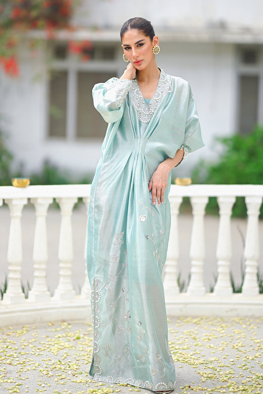 Mint Green Silver Embellished Tissue Kaftan (1-Pc) - Image 1