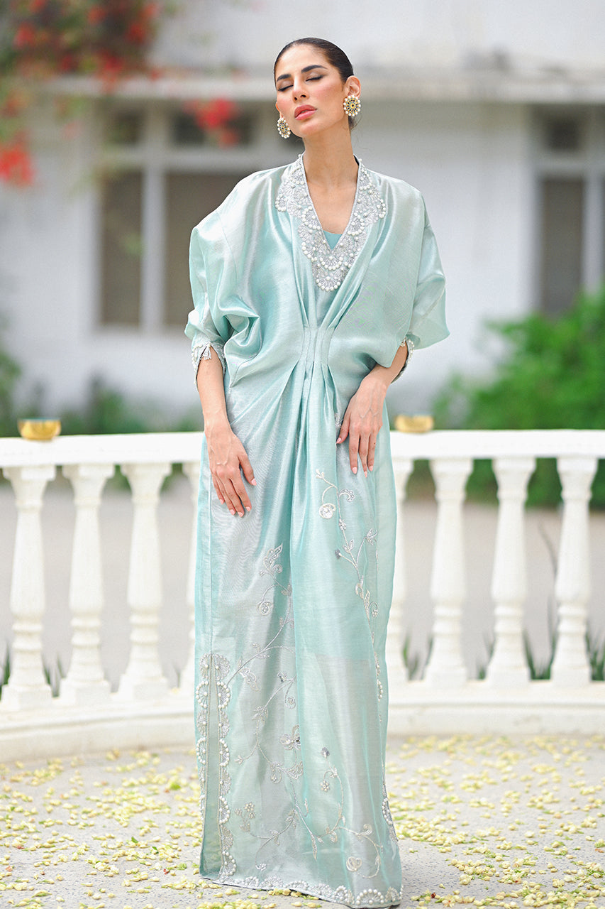 Mint Green Silver Embellished Tissue Kaftan (1-Pc) - Image 2