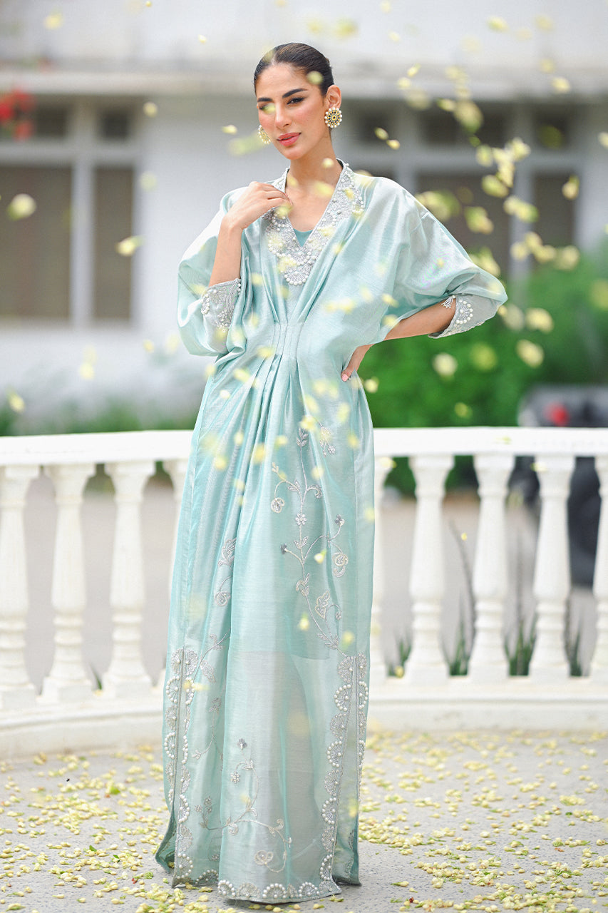 Mint Green Silver Embellished Tissue Kaftan (1-Pc) - Image 3