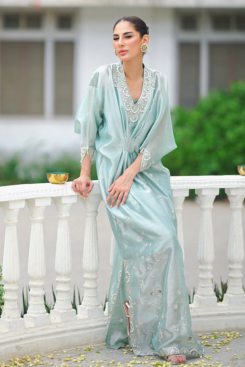 Mint Green Silver Embellished Tissue Kaftan (1-Pc) - Image 5
