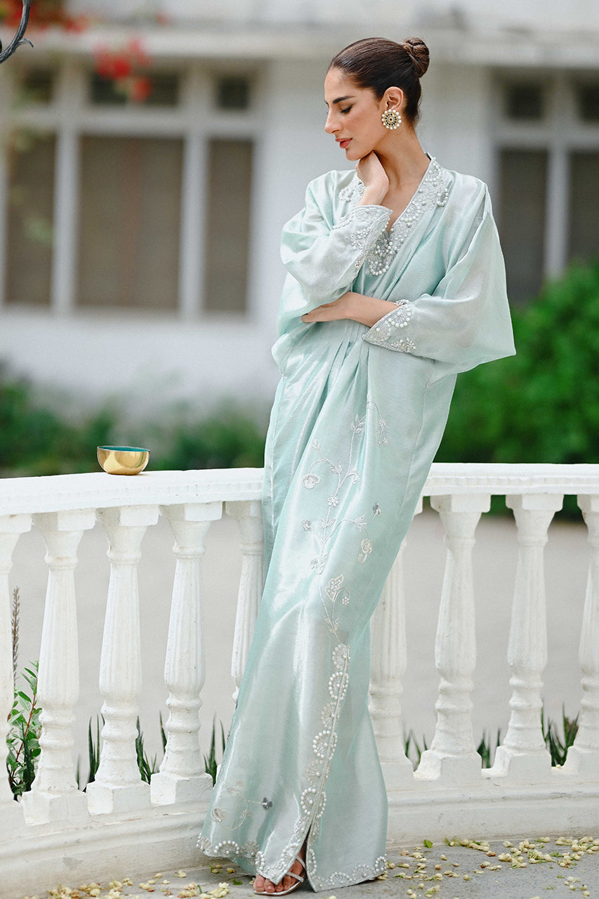 Mint Green Silver Embellished Tissue Kaftan (1-Pc) - Image 6