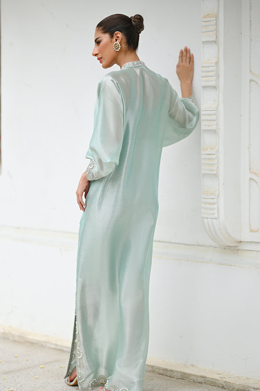 Mint Green Silver Embellished Tissue Kaftan (1-Pc) - Image 7
