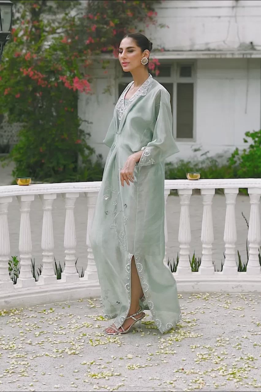 Mint Green Silver Embellished Tissue Kaftan (1-Pc) - Image 8
