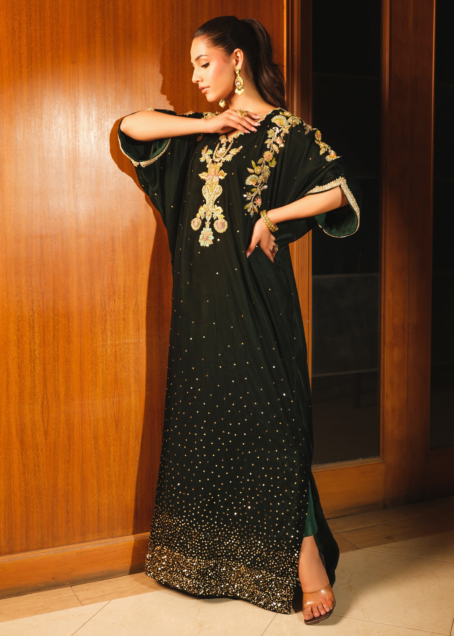 Emerald Green Embroidered Velvet Kaftan (1-Pc) - Image 1