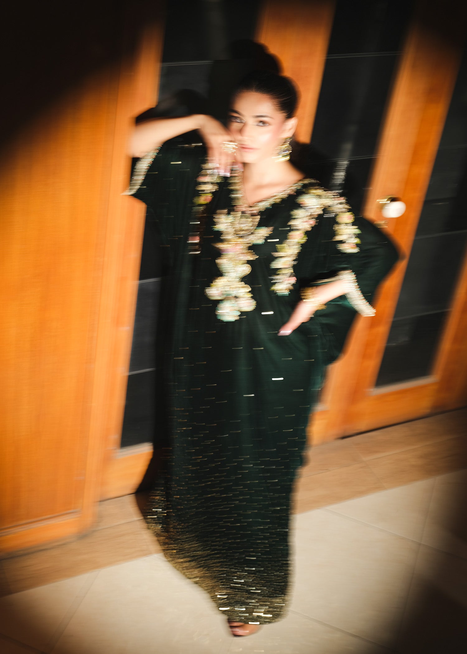 Emerald Green Embroidered Velvet Kaftan (1-Pc) - Image 7