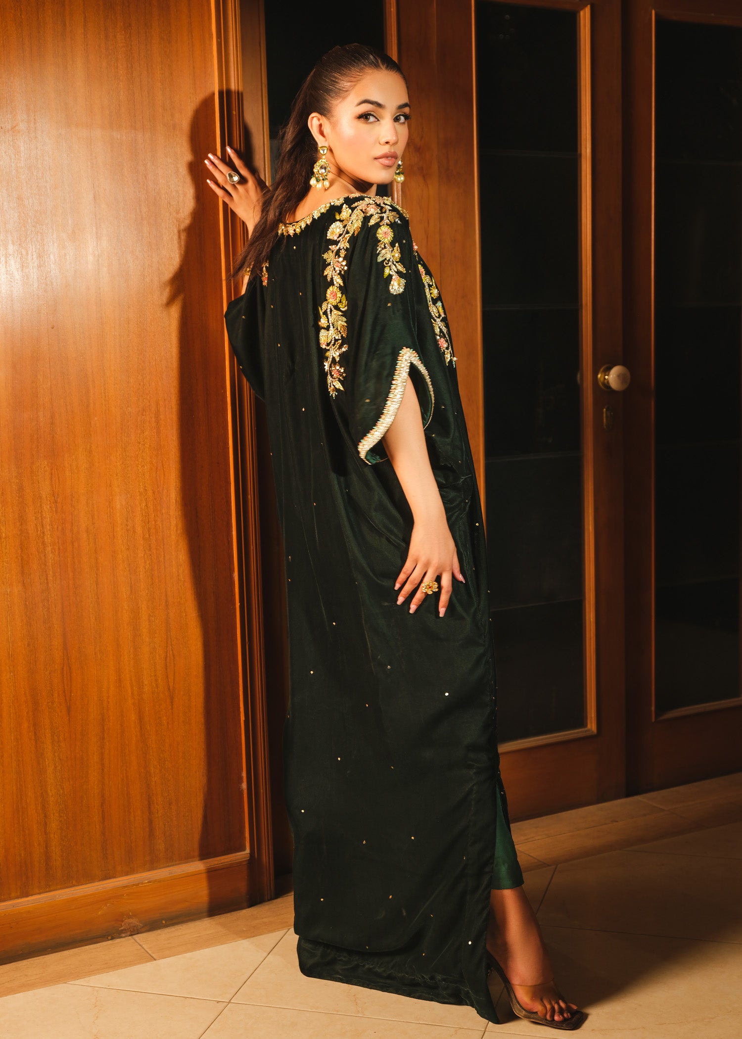 Emerald Green Embroidered Velvet Kaftan (1-Pc) - Image 8