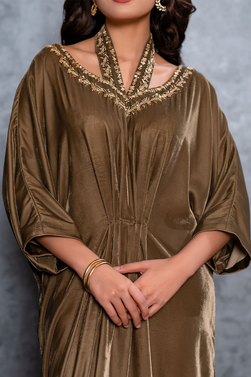 Pakistani Olive Green Embellished Velvet Kaftan (1-Pc) - Image 1