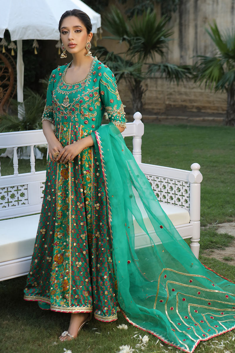 Pakistani Emerald Green Zardozi Charmeuse Kalidar (3-Piece) - Image 1