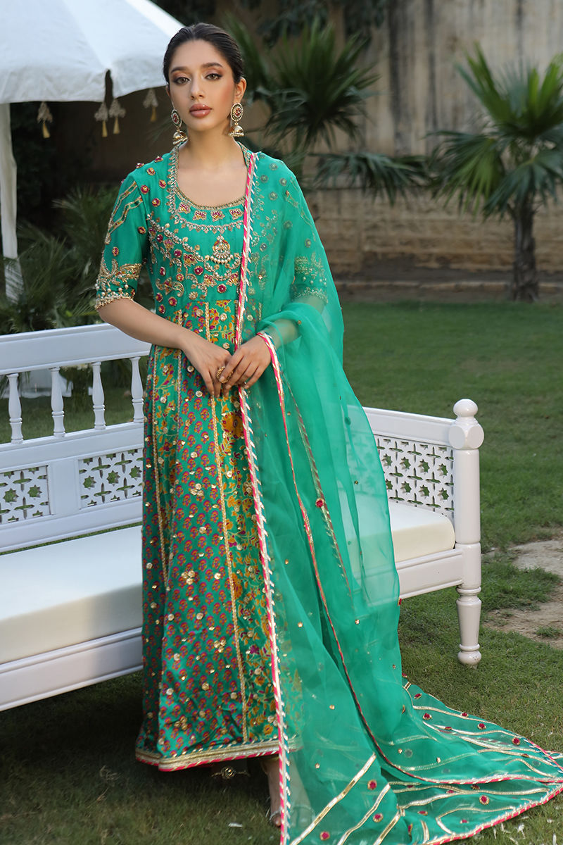 Pakistani Emerald Green Zardozi Charmeuse Kalidar (3-Piece) - Image 2