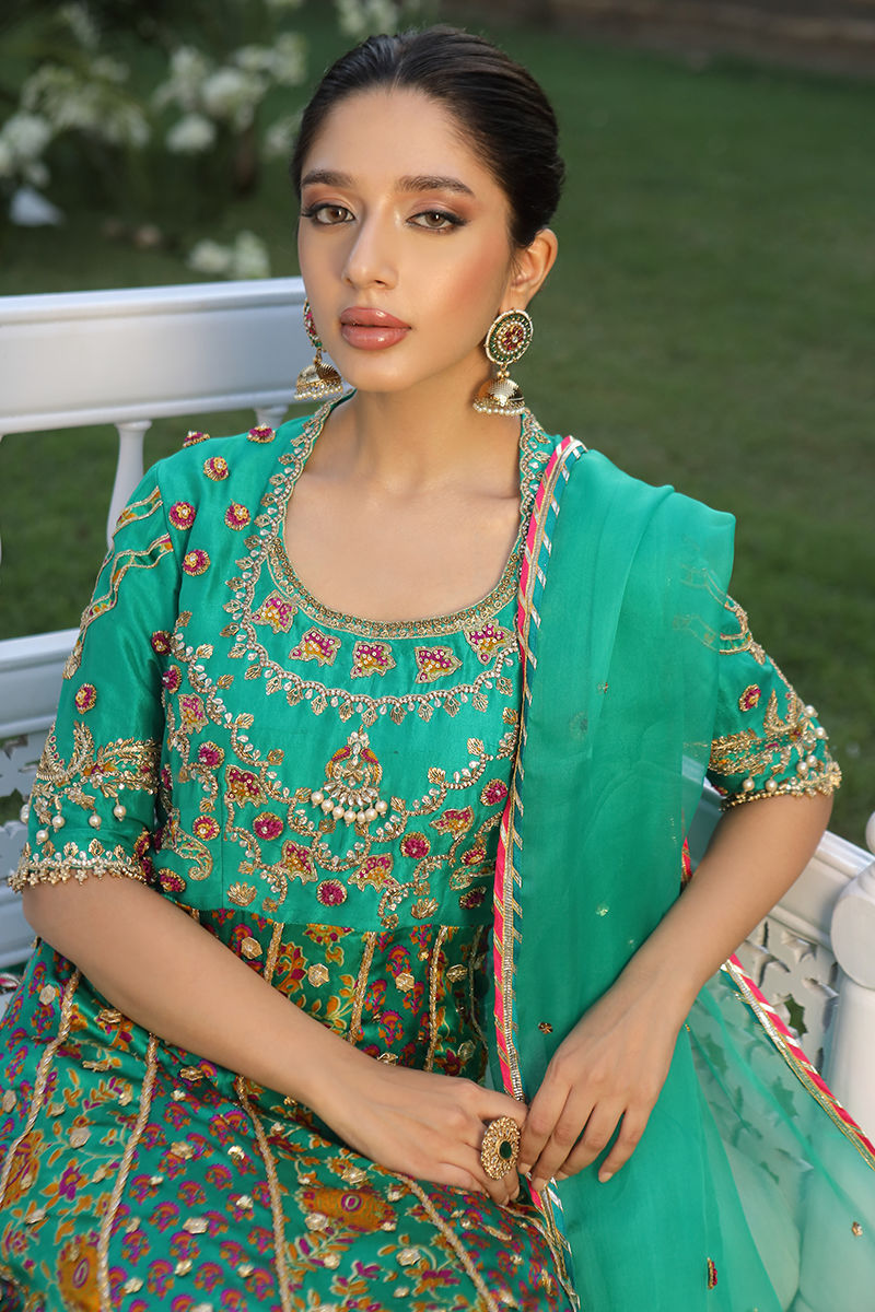 Pakistani Emerald Green Zardozi Charmeuse Kalidar (3-Piece) - Image 3