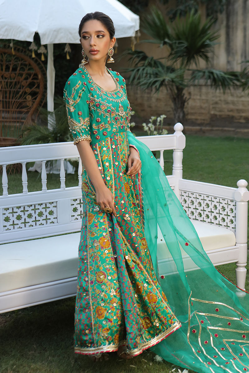 Pakistani Emerald Green Zardozi Charmeuse Kalidar (3-Piece) - Image 4