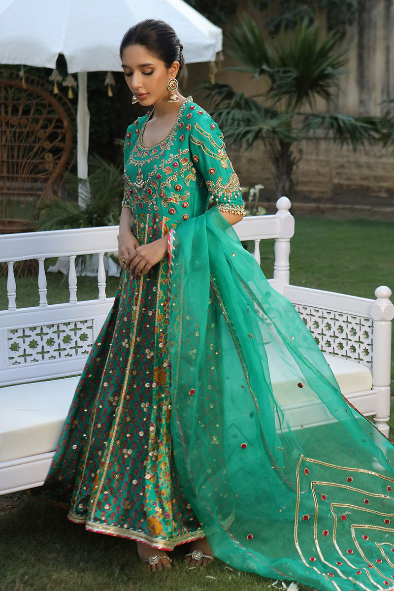 Pakistani Emerald Green Zardozi Charmeuse Kalidar (3-Piece) - Image 5
