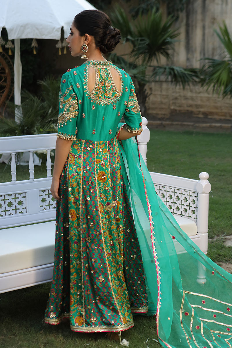 Pakistani Emerald Green Zardozi Charmeuse Kalidar (3-Piece) - Image 6