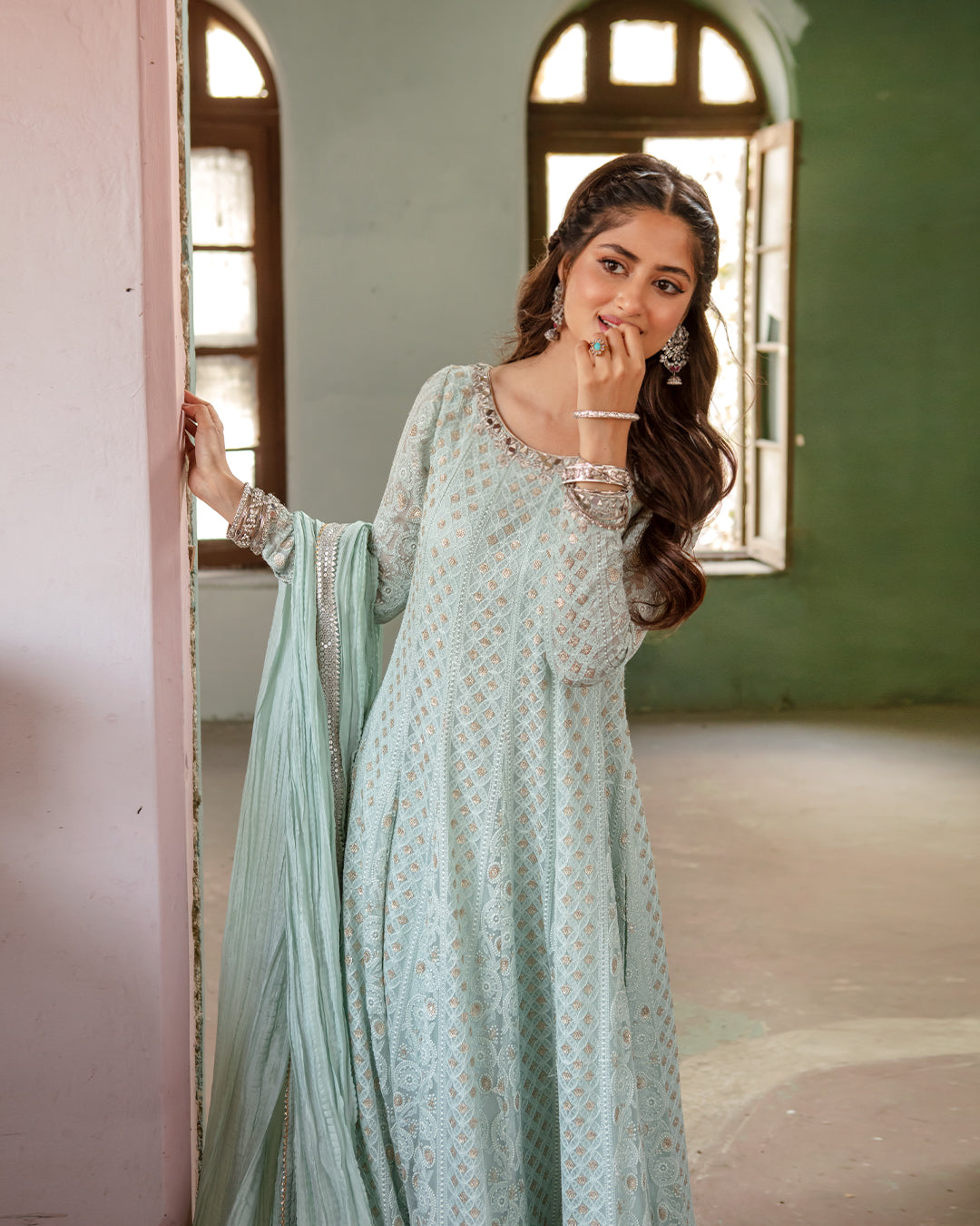 Pistachio Embroidered Chiffon Chikankari Kalidaar (3-Piece) - Image 3