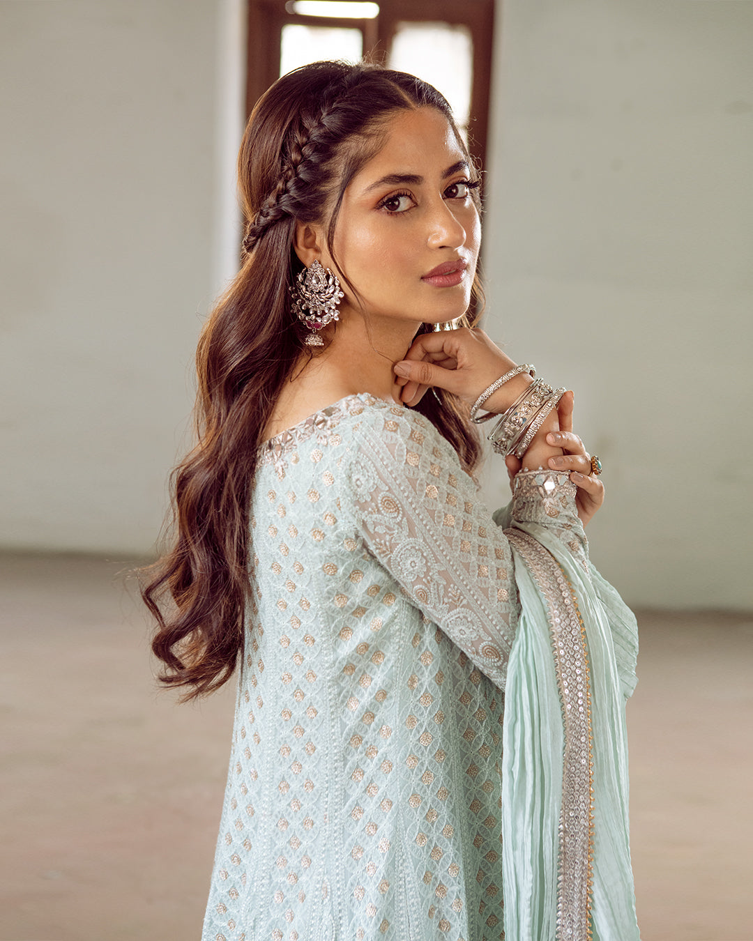 Pistachio Embroidered Chiffon Chikankari Kalidaar (3-Piece) - Image 6