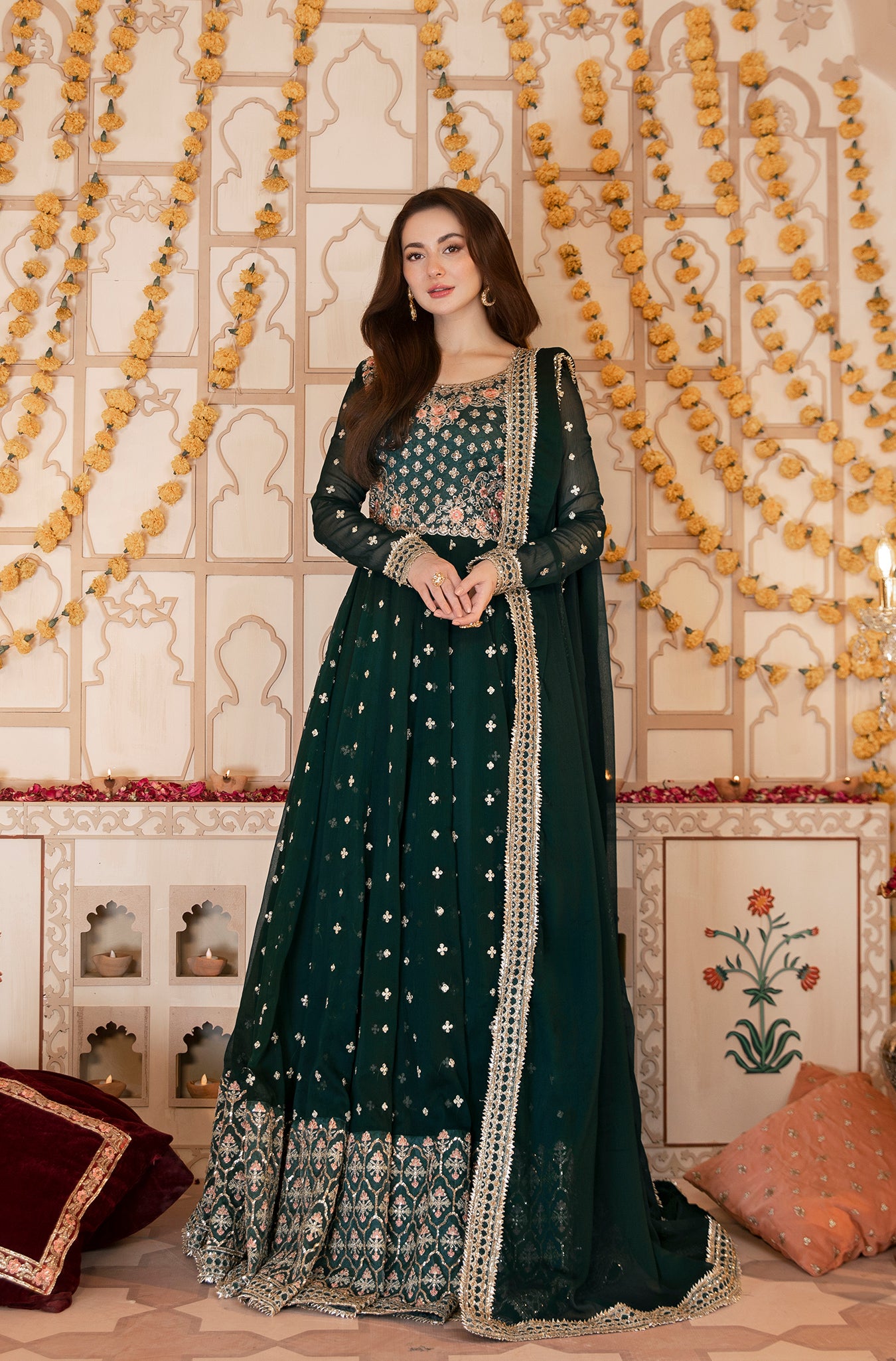 Bottle Green Embroidered Pure Chiffon Kalidar (2-Piece) - Image 1