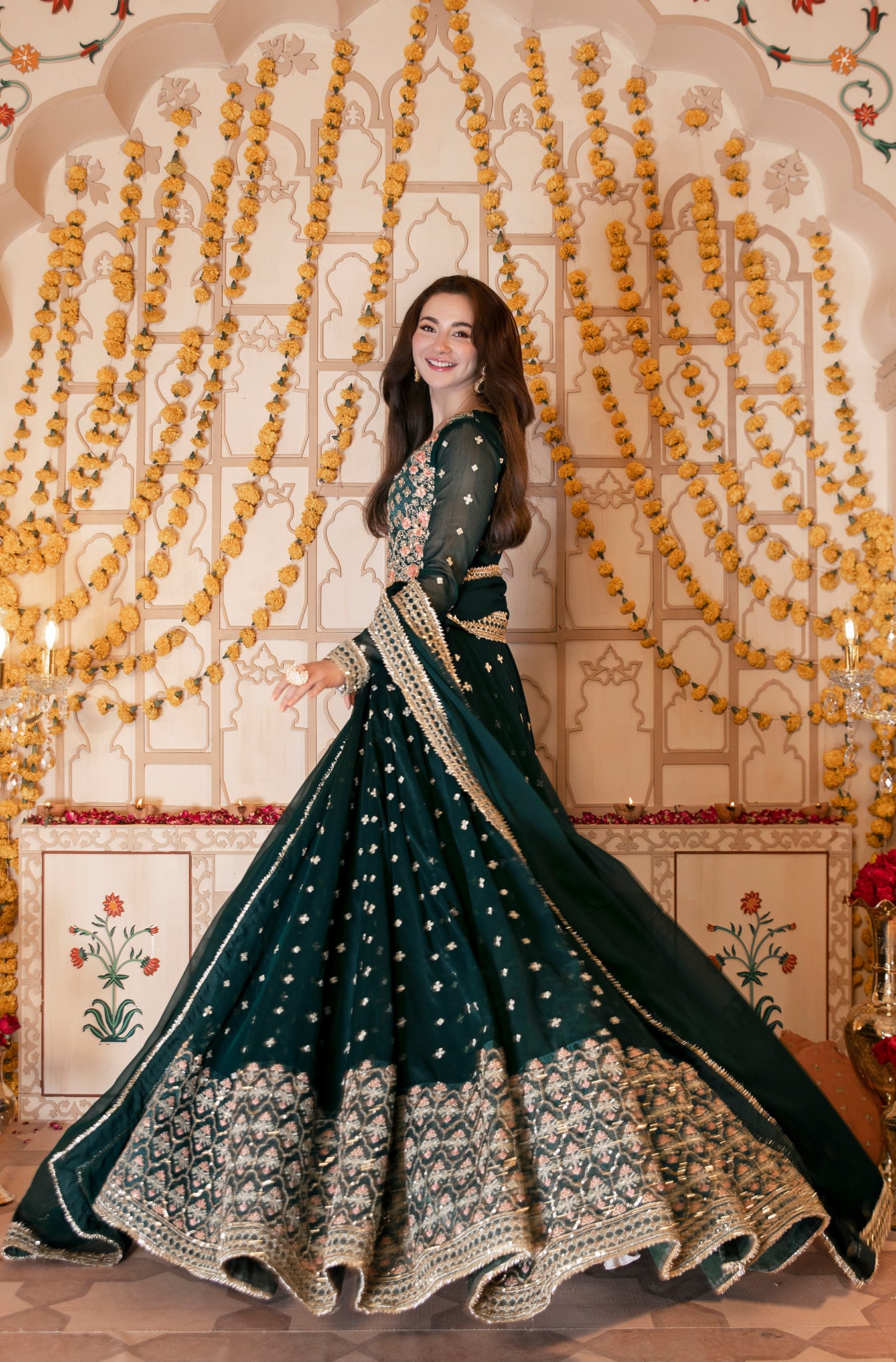 Bottle Green Embroidered Pure Chiffon Kalidar (2-Piece) - Image 2