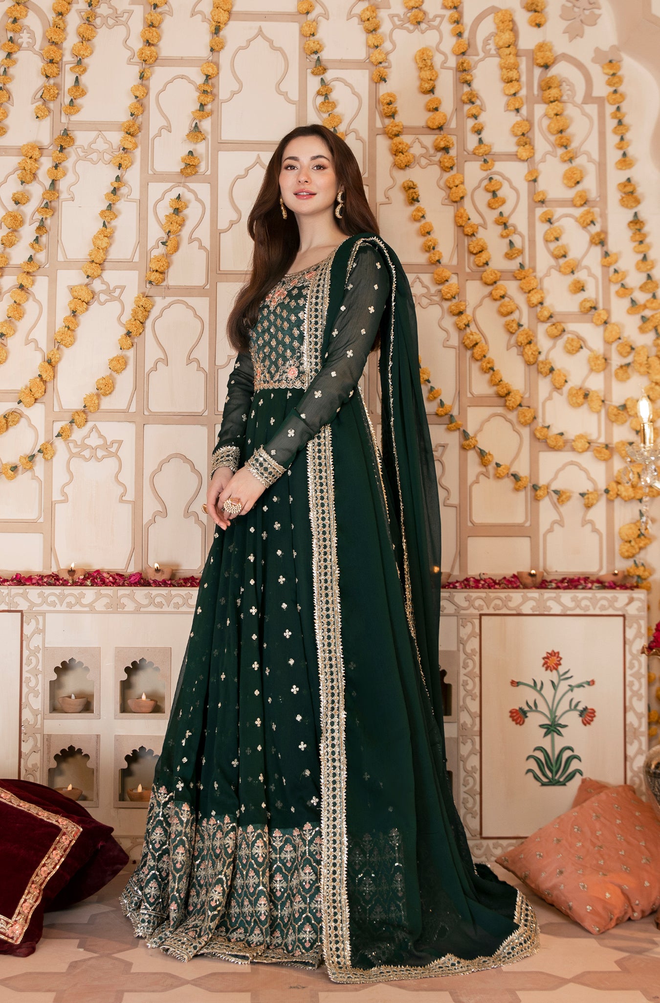 Bottle Green Embroidered Pure Chiffon Kalidar (2-Piece) - Image 3
