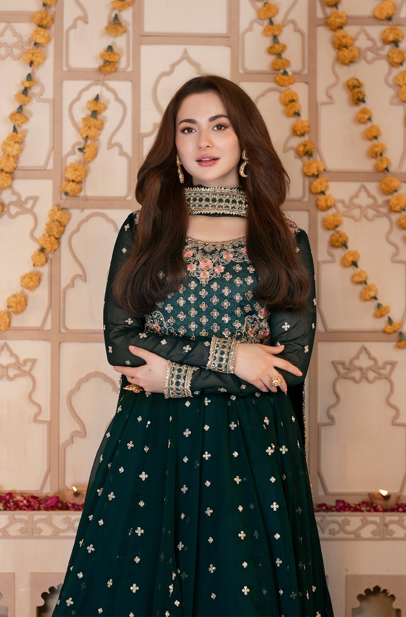 Bottle Green Embroidered Pure Chiffon Kalidar (2-Piece) - Image 4