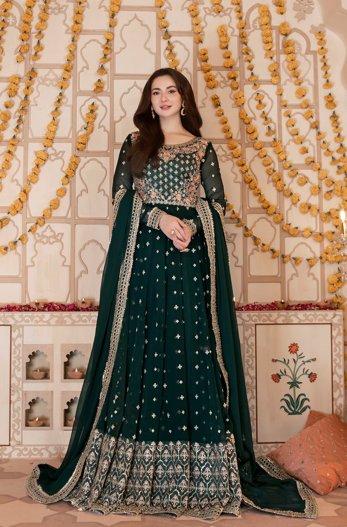 Bottle Green Embroidered Pure Chiffon Kalidar (2-Piece) - Image 6