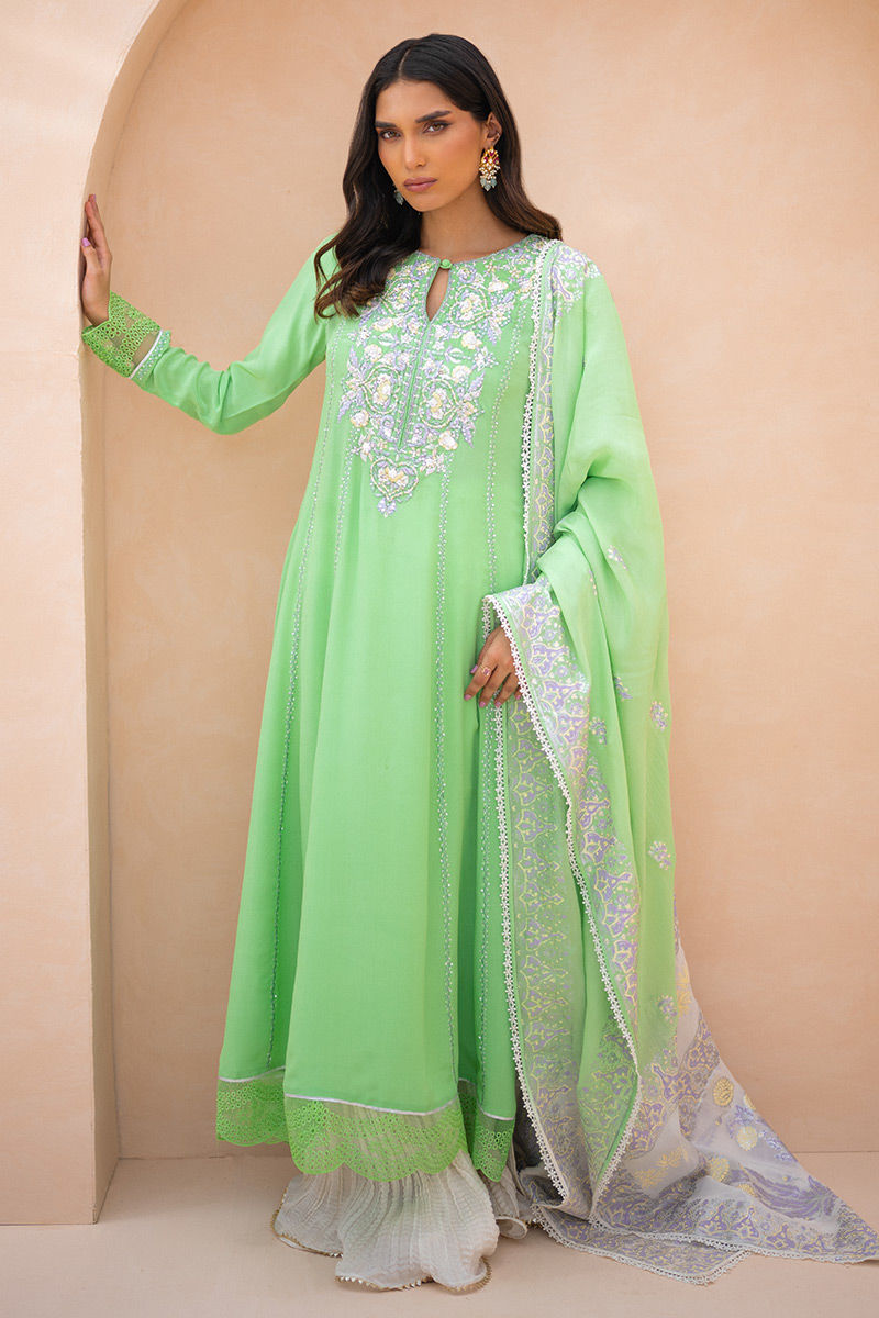 Pistachio Green Embroidered Crepe Silk Kalidar (3-Piece) - Image 1