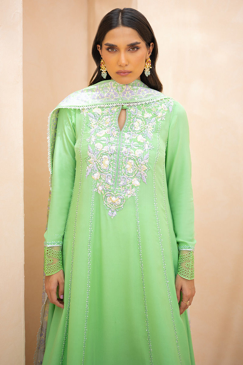 Pistachio Green Embroidered Crepe Silk Kalidar (3-Piece) - Image 2