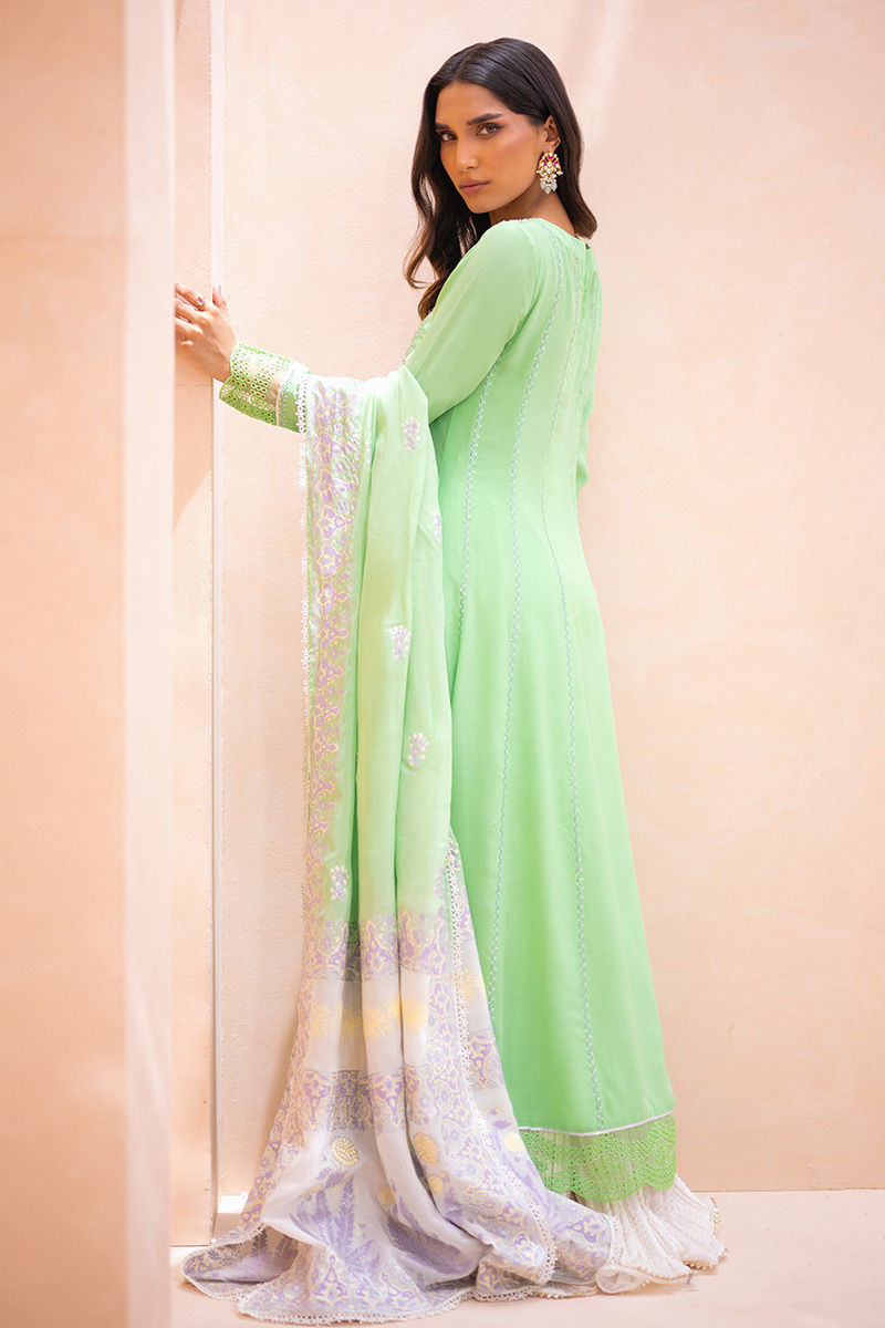 Pistachio Green Embroidered Crepe Silk Kalidar (3-Piece) - Image 3