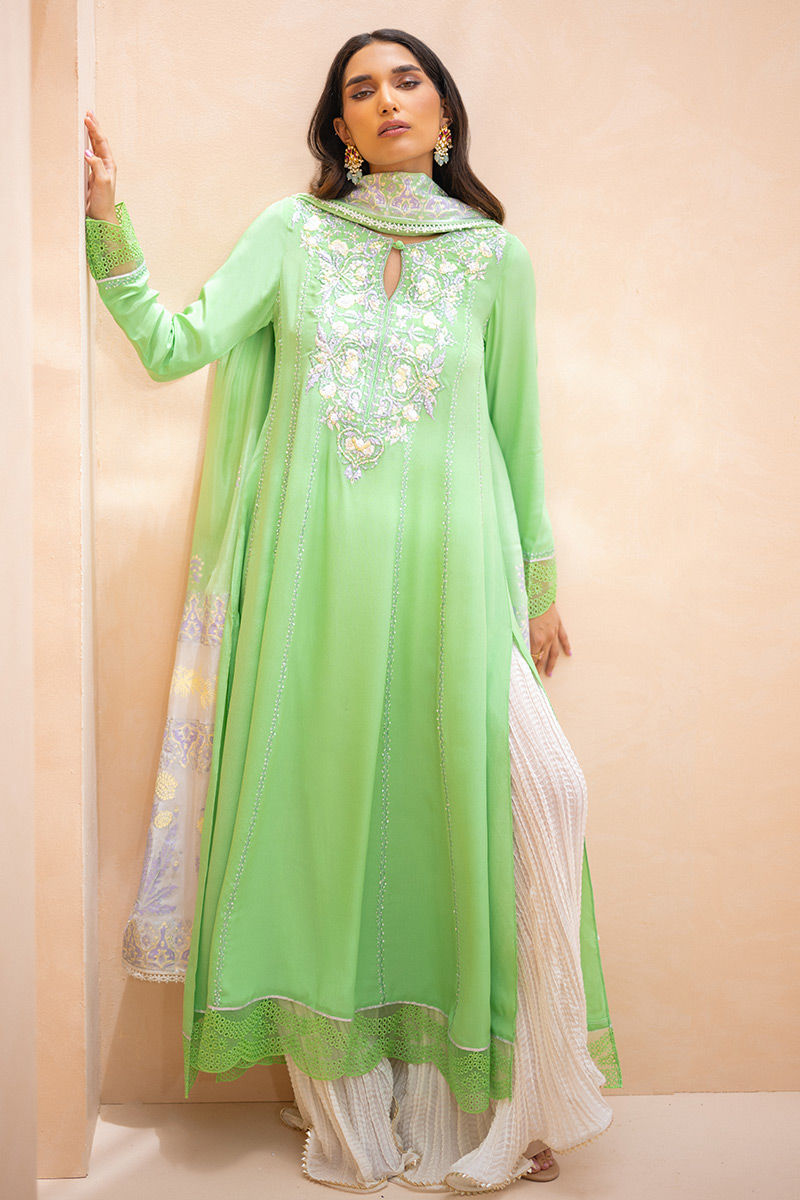Pistachio Green Embroidered Crepe Silk Kalidar (3-Piece) - Image 4