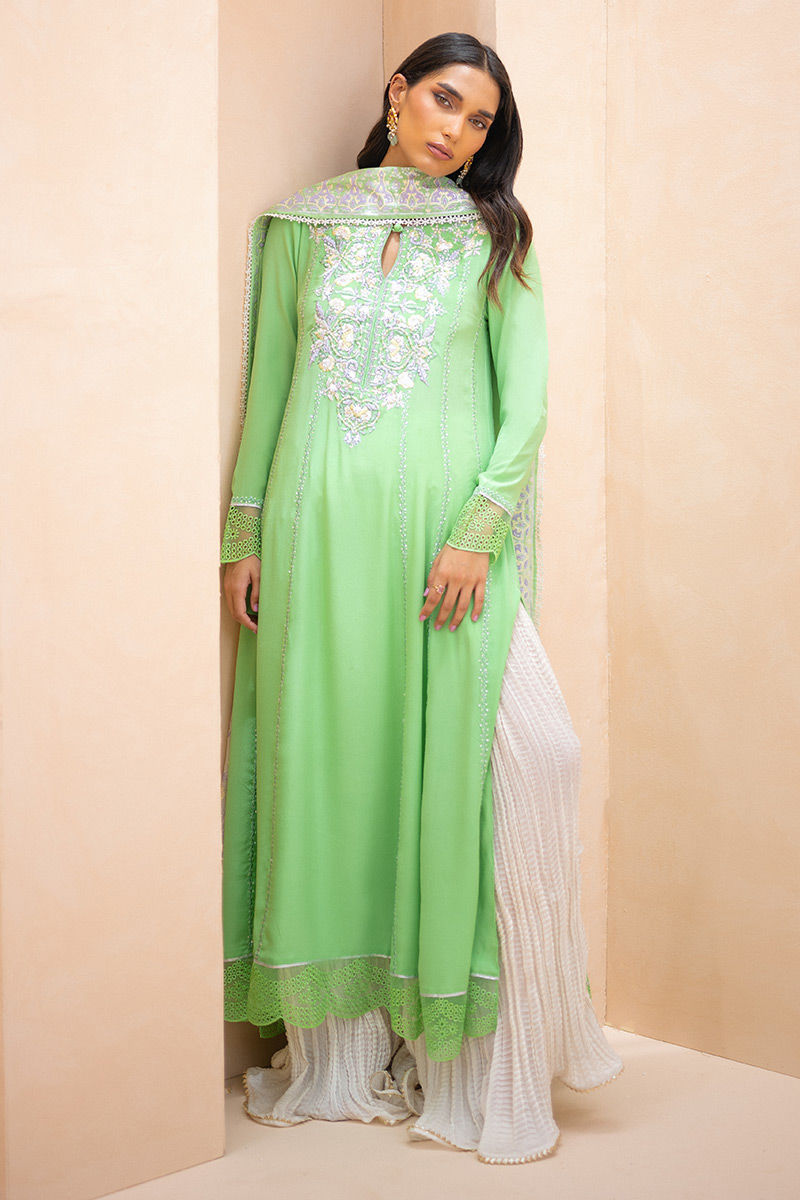 Pistachio Green Embroidered Crepe Silk Kalidar (3-Piece) - Image 5