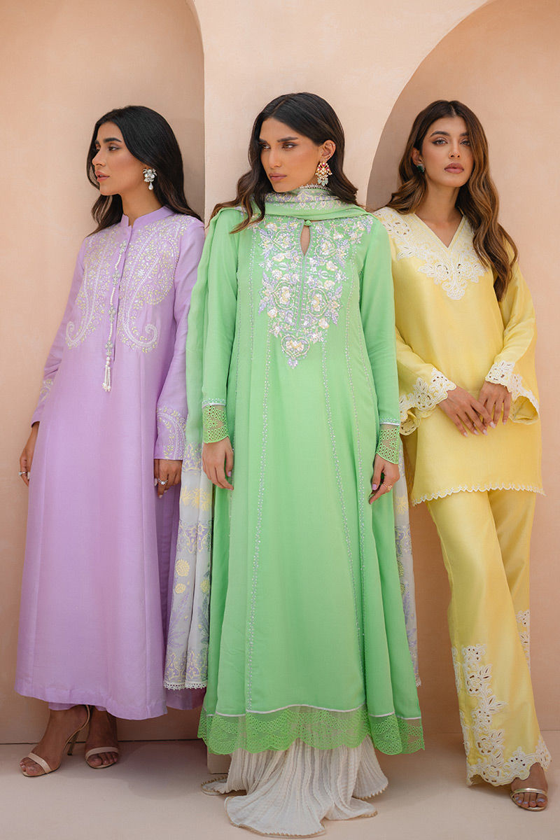 Pistachio Green Embroidered Crepe Silk Kalidar (3-Piece) - Image 7