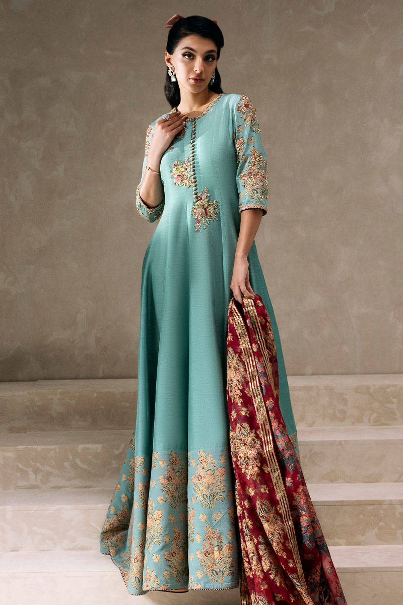 Sea Green Embellished Georgette Kalidaar (3-Piece) - Image 1