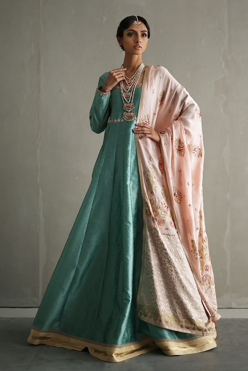 Pakistani Sea Green Zardozi Resham Khaadi Silk Kalidar (3-Piece) - Image 1