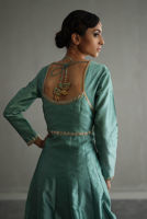 Pakistani Sea Green Zardozi Resham Khaadi Silk Kalidar (3-Piece) - Image 5