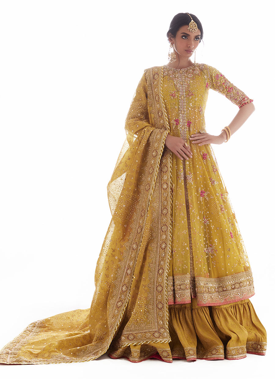 Kiwi Green Embellished Net Kalidaar Dress (3-Piece) - Image 1