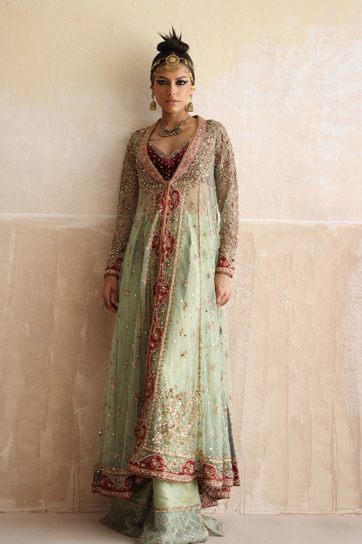 Mint Green Embellished Net Mukesh Kalidar (3-Piece) - Image 1