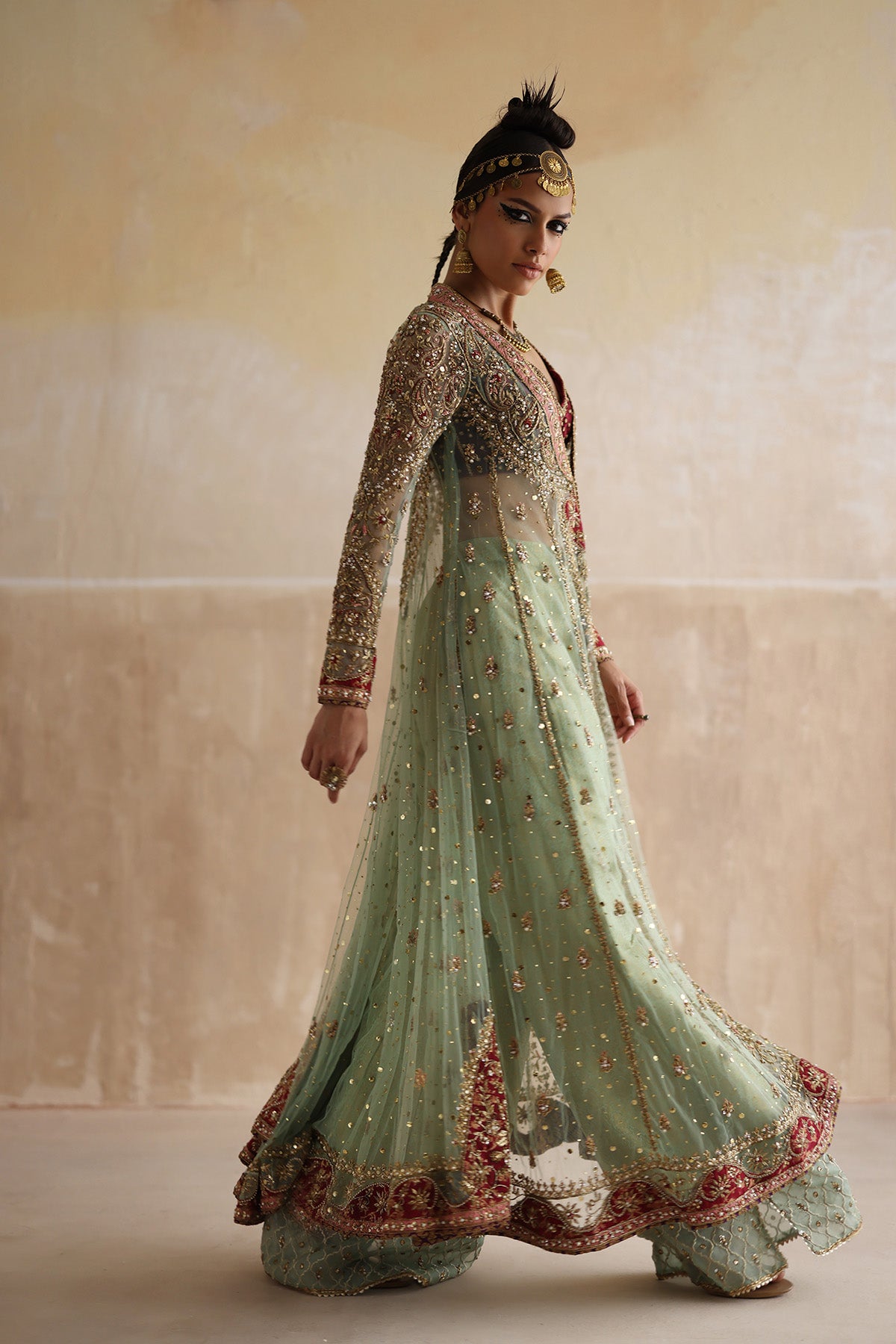 Mint Green Embellished Net Mukesh Kalidar (3-Piece) - Image 2