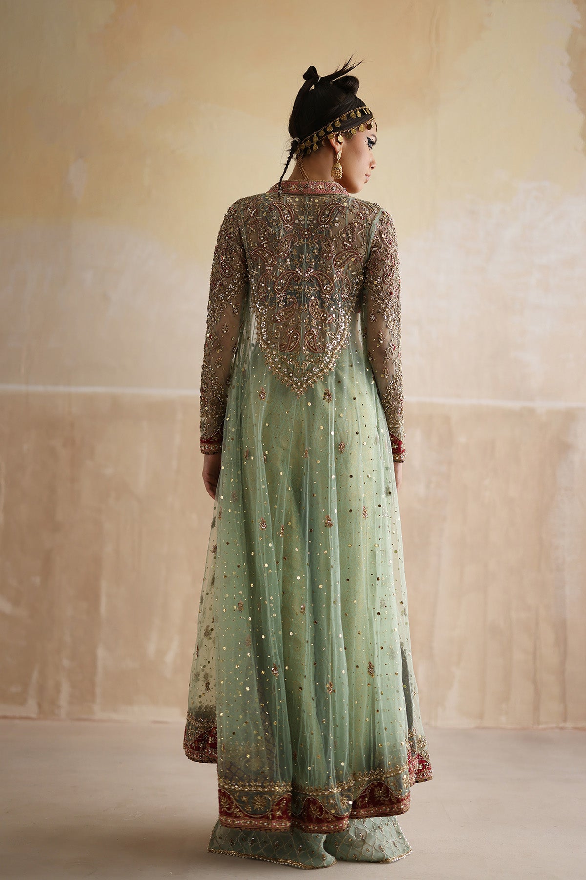 Mint Green Embellished Net Mukesh Kalidar (3-Piece) - Image 3