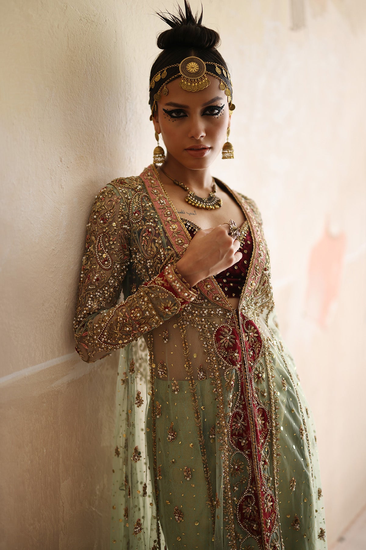 Mint Green Embellished Net Mukesh Kalidar (3-Piece) - Image 4