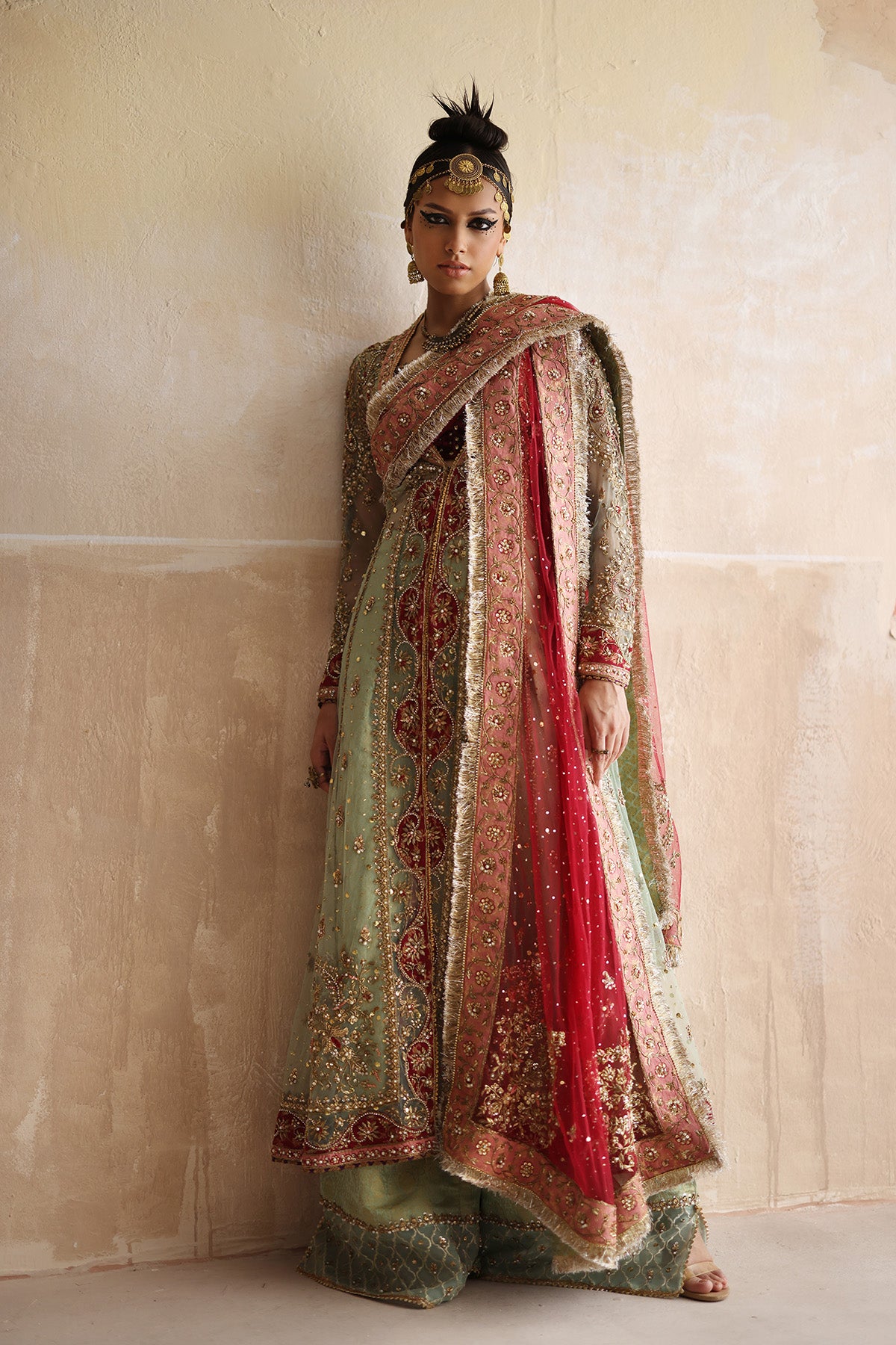 Mint Green Embellished Net Mukesh Kalidar (3-Piece) - Image 5