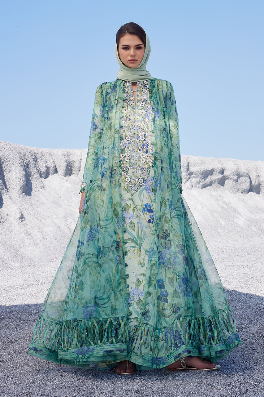 Sage Green Embellished Organza Kalidar Dress (3-Piece) - Image 1