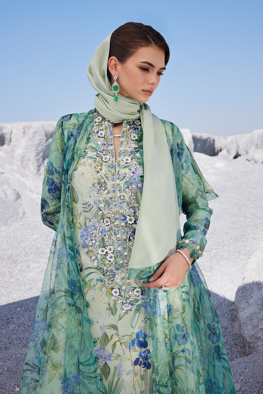 Sage Green Embellished Organza Kalidaar (3-Piece) - Image 2