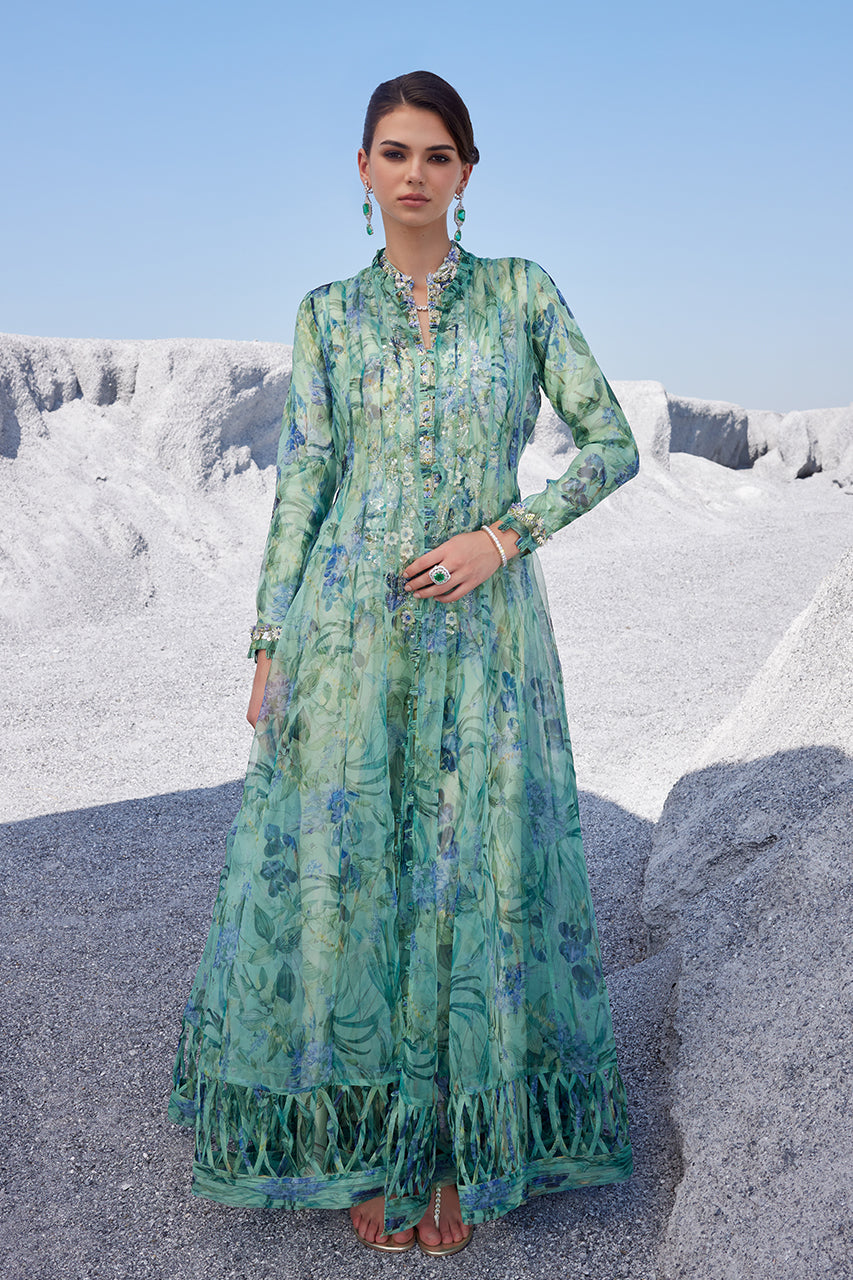 Sage Green Embellished Organza Kalidaar (3-Piece) - Image 3