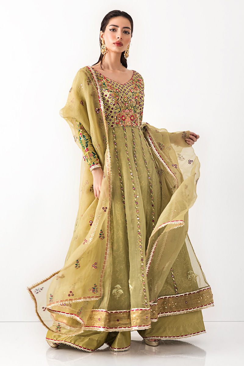 Lime Green Mirrorwork Lama Organza Kalidar (3-Piece) - Image 2